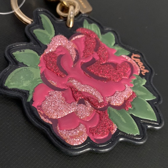Coach Red Pink Signature Tea Rose Flower Floral Bag Charm Keychain FOB NWOT - Picture 2 of 6